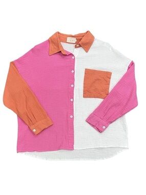 JadyK Orange Pink Color Block Gauze Button Up Top Size XL